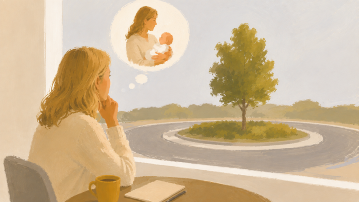 Vrouw die denkt over kinderen krijgen en peinzend voor zich uit kijkt en een rotonde ziet.