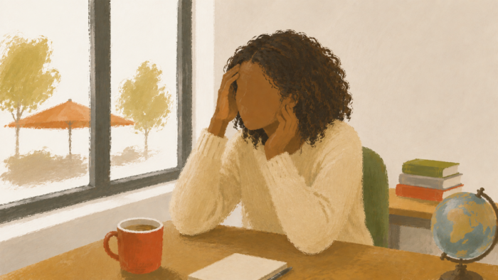 vrrouw die overweldigd door keuzes peinzend voor zich uit kijkt