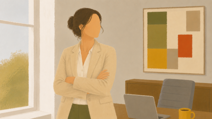 Afbeelding van een zelfverzekerde vrouw in kantoor-setting met armen gekruisd
