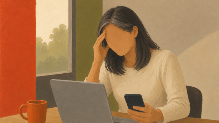Vrouw peinzend over coachdilemma voor laptop en telefoon in haar hand