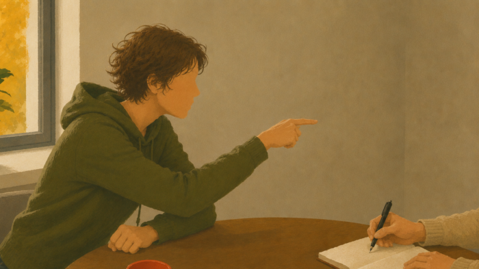 afbeelding van een vrouw die verwijtend haar vinger uitsteekt naar een gesprekspartner