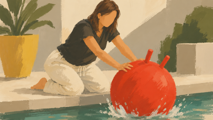 afbeelding van vrouw die probeert skippybal onderwater te drukken